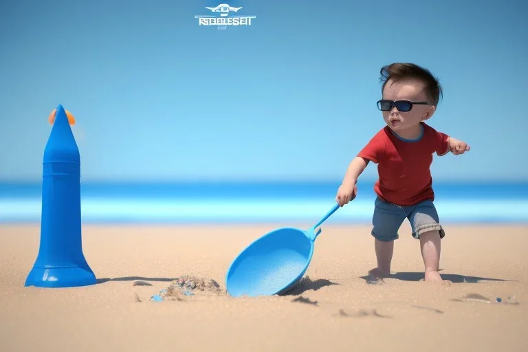 Toddler Elon Musk building a tall skinny space sandrocket on the beach, Blue shovel, plastic bucket, sunglass