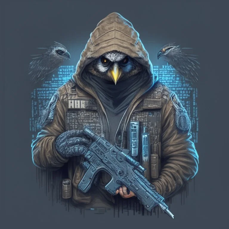 A falcon as a military hacker using a hoodie, carring hacker gadgets with a Sig pistol in hands