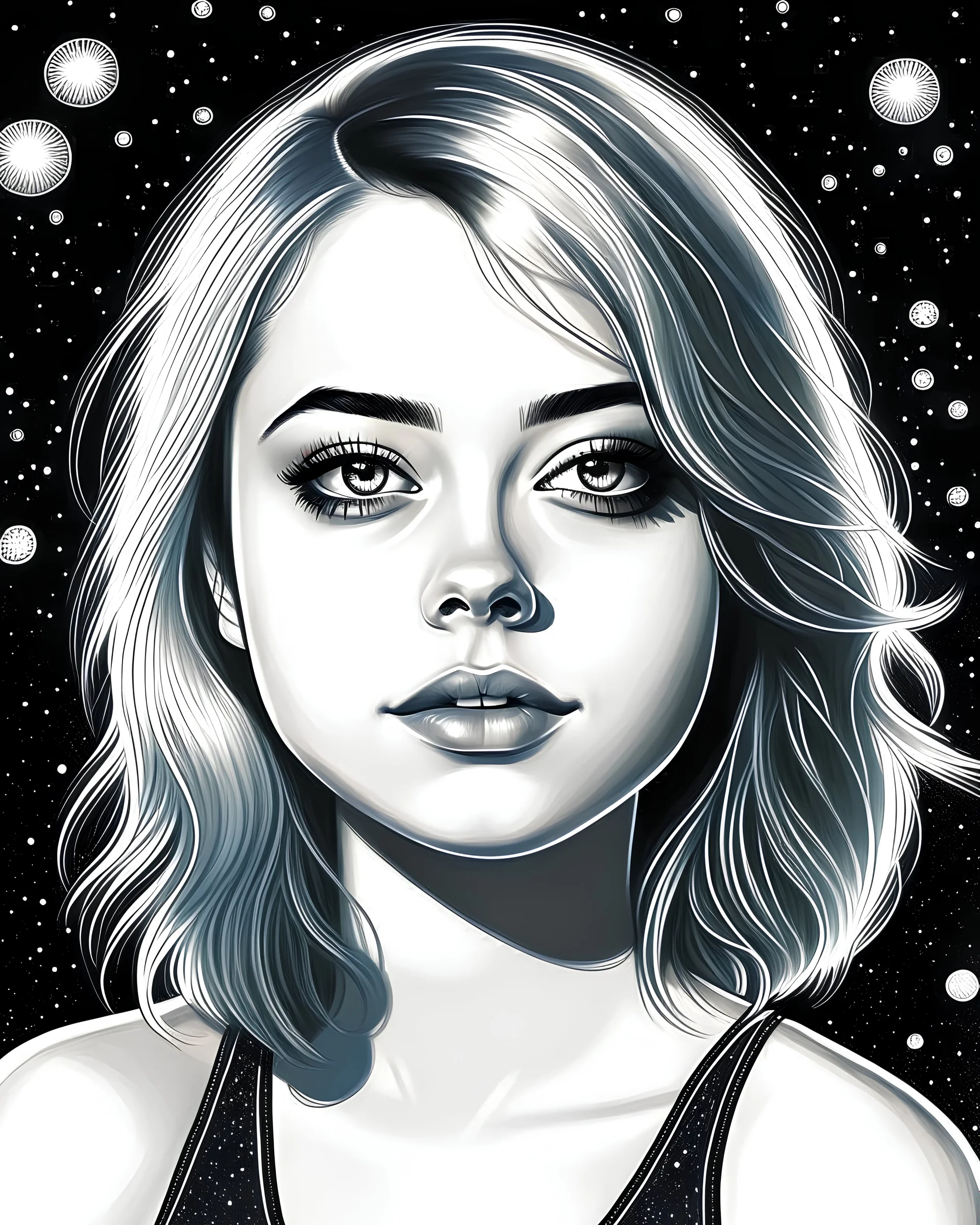 Beautiful black and white pencil drawing of actress, Emma Stone when she was 25 years old. She is wearing a low cut sundress. It is night time and we see the moon and stars behind her. She has long blonde hair. She is looking at the viewer.
