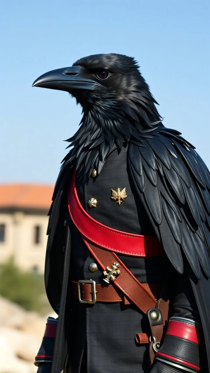 a crow wearing general suite realistic , pro photography , high quality, and cinematic scene