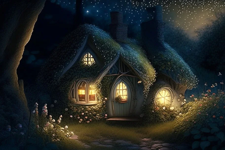 A special evening with a little cottage where the light twinkles and a fairy rests