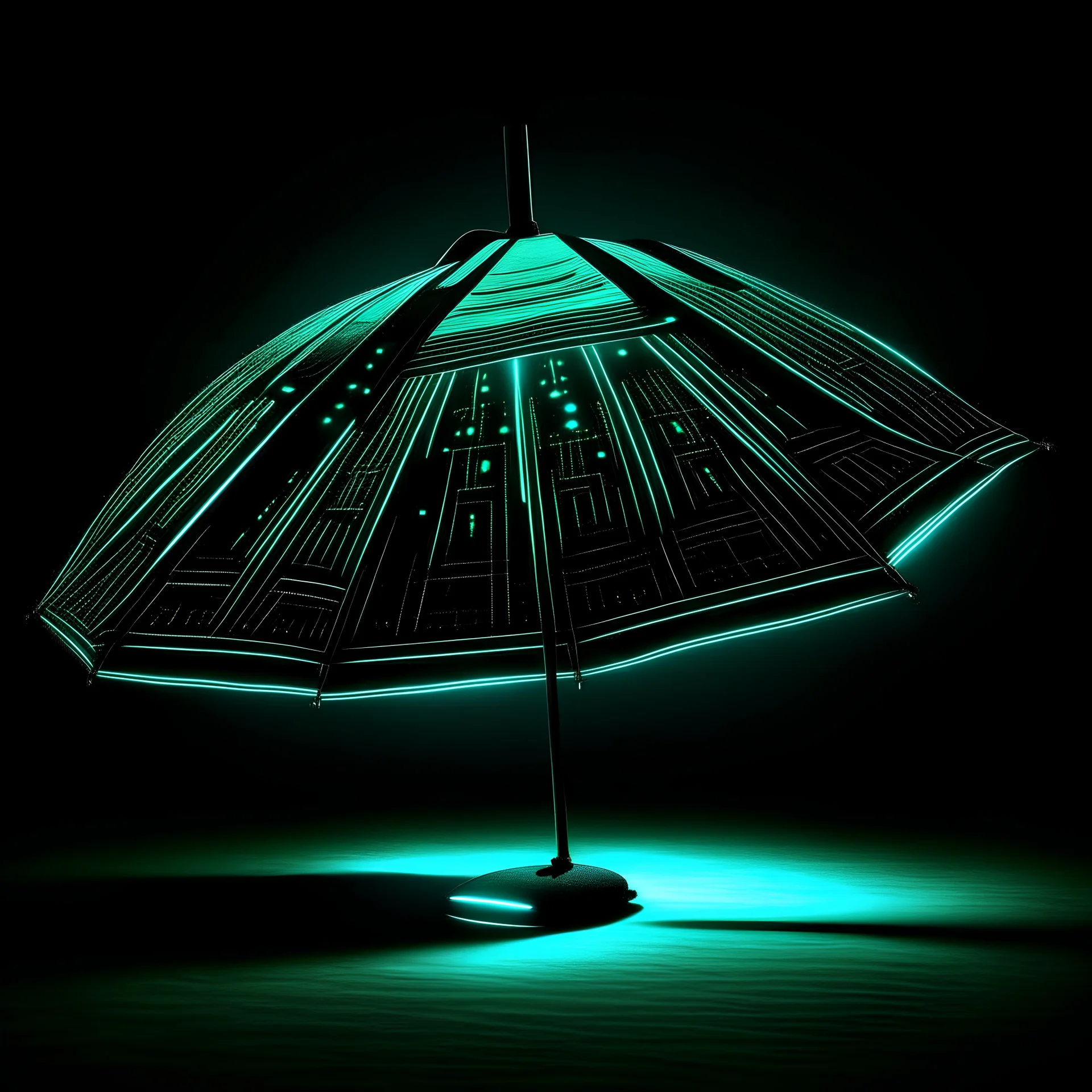 Create a product photo of an umbrella that has the shape of a UFO, can be folded, has 12 poles and glows in the dark