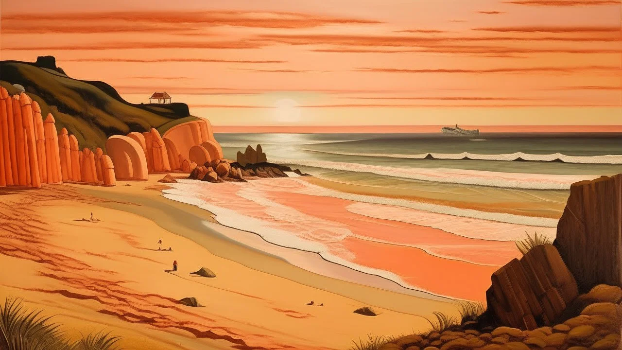 A light rosy orange colored beach near a cove painted by Edward Hicks