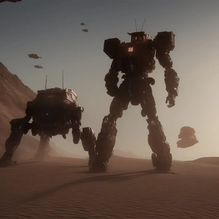 Armored Core machine robot fight another Armored Core fly in the sky in the desert with beside the ocean where you can see the space in the sky with twilight on the horizon, 4k resolution