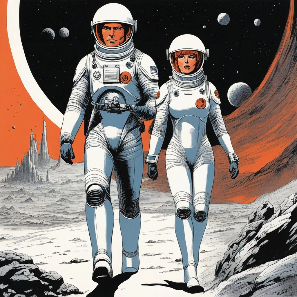 spatio-temporal agents in spacesuits: man and redhead woman [illustration by Jean-Claude Mézières (1967]) Valérian and Laureline, navigate the ever-shifting landscapes of time and space with a grace born of experience and a resolve tempered by duty. Armed with advanced technology and unwavering determination, they traverse the corridors of time, unraveling the mysteries of the past and safeguarding the sanctity of the future. Together, they traverse the boundless expanse of time and space, confr