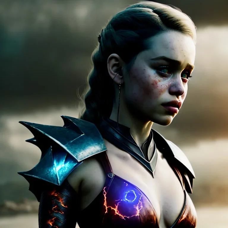 portrait perfect face emilia clarke, dragon armor, fog, particle fire