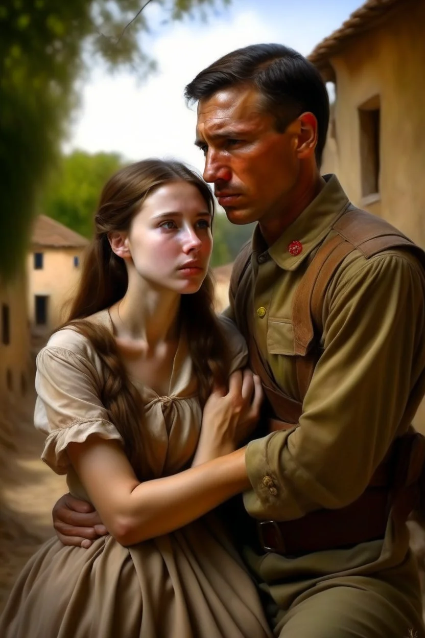 Oil painting of a soldier who fell in love with a very beautiful village girl Photorealistic