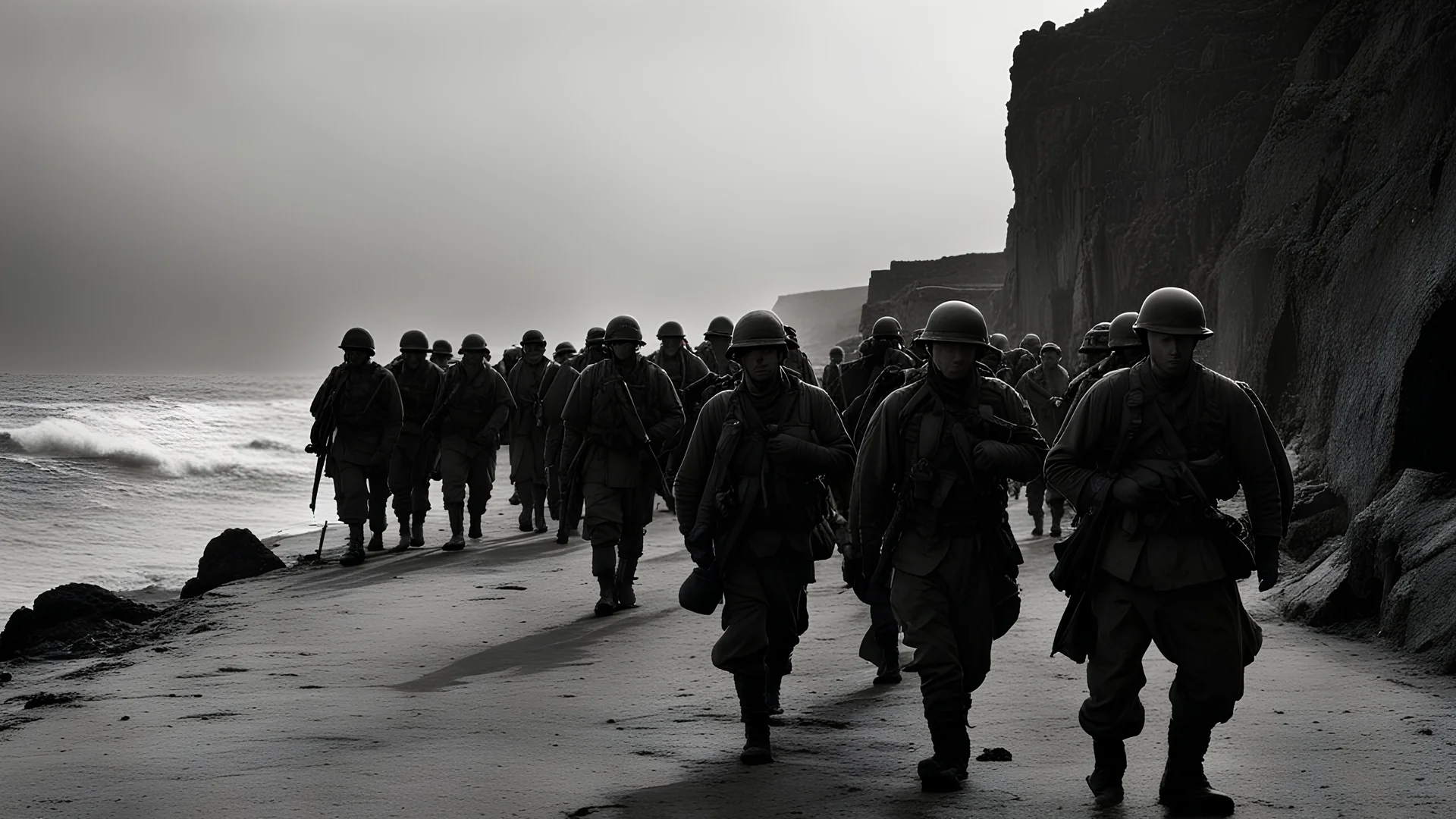 Long, weary lines of soldiers trudging back from the front, shadows of the men they once were, Dusk, , Shipwreck, Disquieting,Phantom-like, (Monochromatic:1.1), (Isolation:1.1), (Chiaroscuro:1.1), (Strobe light:1.2), Marble, Polygon, ((Romantic,soft,passionate,tender:0.99),(Rule of Thirds,balanced,offset focus,Rough,gritty,coarse,rugged,Hard Light,sharp,strong contrast,defined:0.75),(Cinma Vrit,naturalistic,observational,unobtrusive:0.99):0.5), ultra detailed, intricate, oil on canvas,