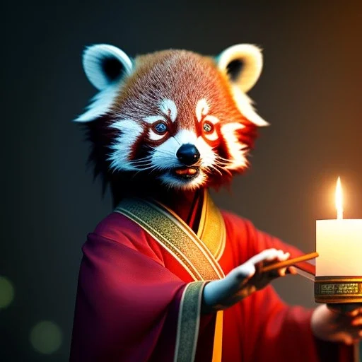 a cute litte red panda wearing Hanfu, holding a large candle, BK complex detail, cinema, reality, detail, octane rendering, stoic cinematic 4k epic detailed photograph shot on kodak detailed bokeh cinematic hbo dark moody 8k, 85mm f/16 by leica