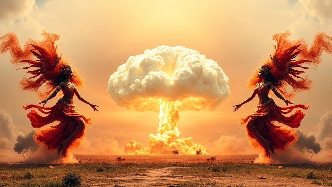 a nuclear explosion cloud(middle), the wind and smoke from the explosion forming shapes of dancing indian women(left and right sides), religiose art, fantacy