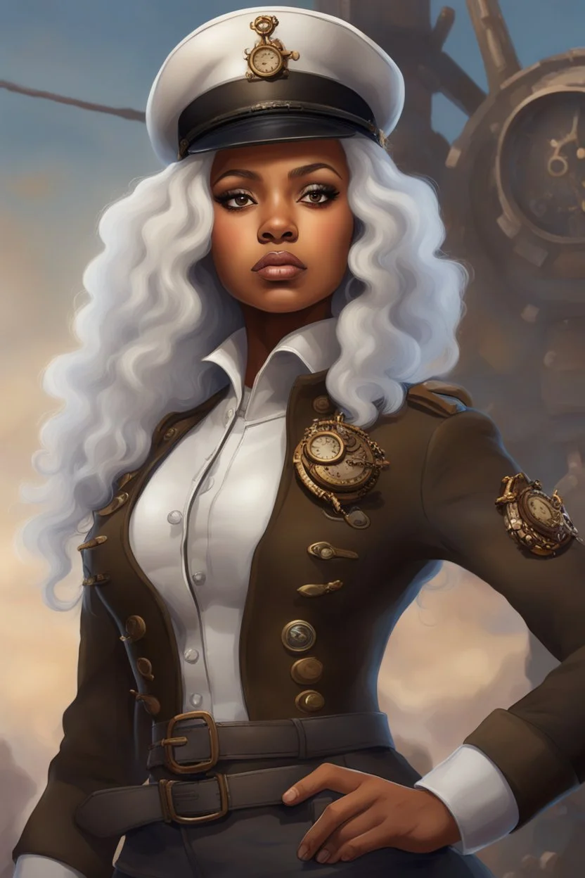 young mulatto girl, with wavy snow white hair dressed as a steampunk military officer