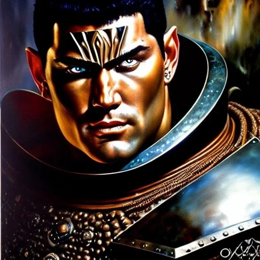 portrait of 'Guts-Berserk',ancient metal armor,painting by Earl Norem, simon Bisley, evan lee, 86-86, oil on canvas, cinematic composition, extreme detail,fit full head inside picture,8k