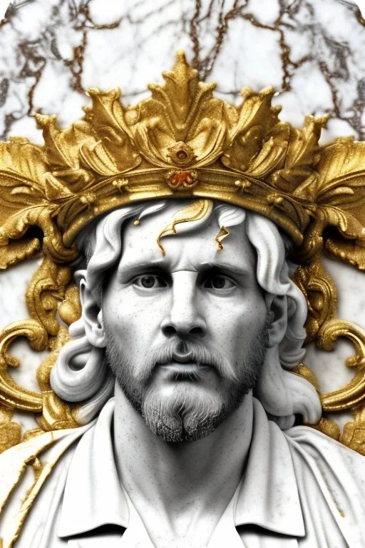 Realistic image, Baroque bas relief sculpture made in white marble with gold veins, Lionel messi with gold laurel leaves crown, decorative star on the chest, waist up portrait, marble material, gold ornaments, Baroque style, sun rays background, epic, celestial, cinematic lighting, God lights, 4k resolution, smooth details, soft lighting, unreal engine 5, art station, substance 3d.