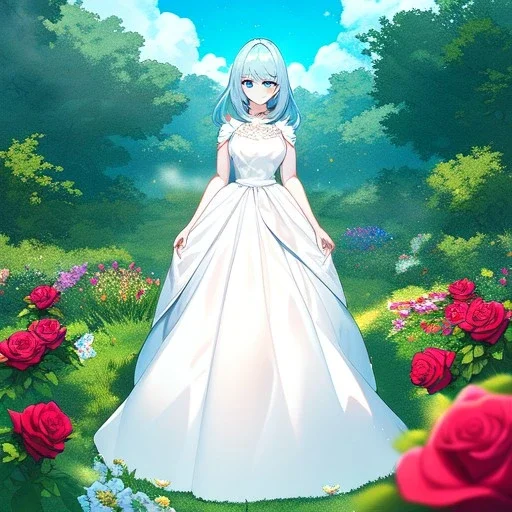 gorgeous anime girl wearing a yellow and white dress ,standing in a meadow of flowers, spreading rose pedals on the ground. beautiful eyes and a stunning smile, blue eyes, two blue eyes, perfect nose and rosy cheeks and red lips