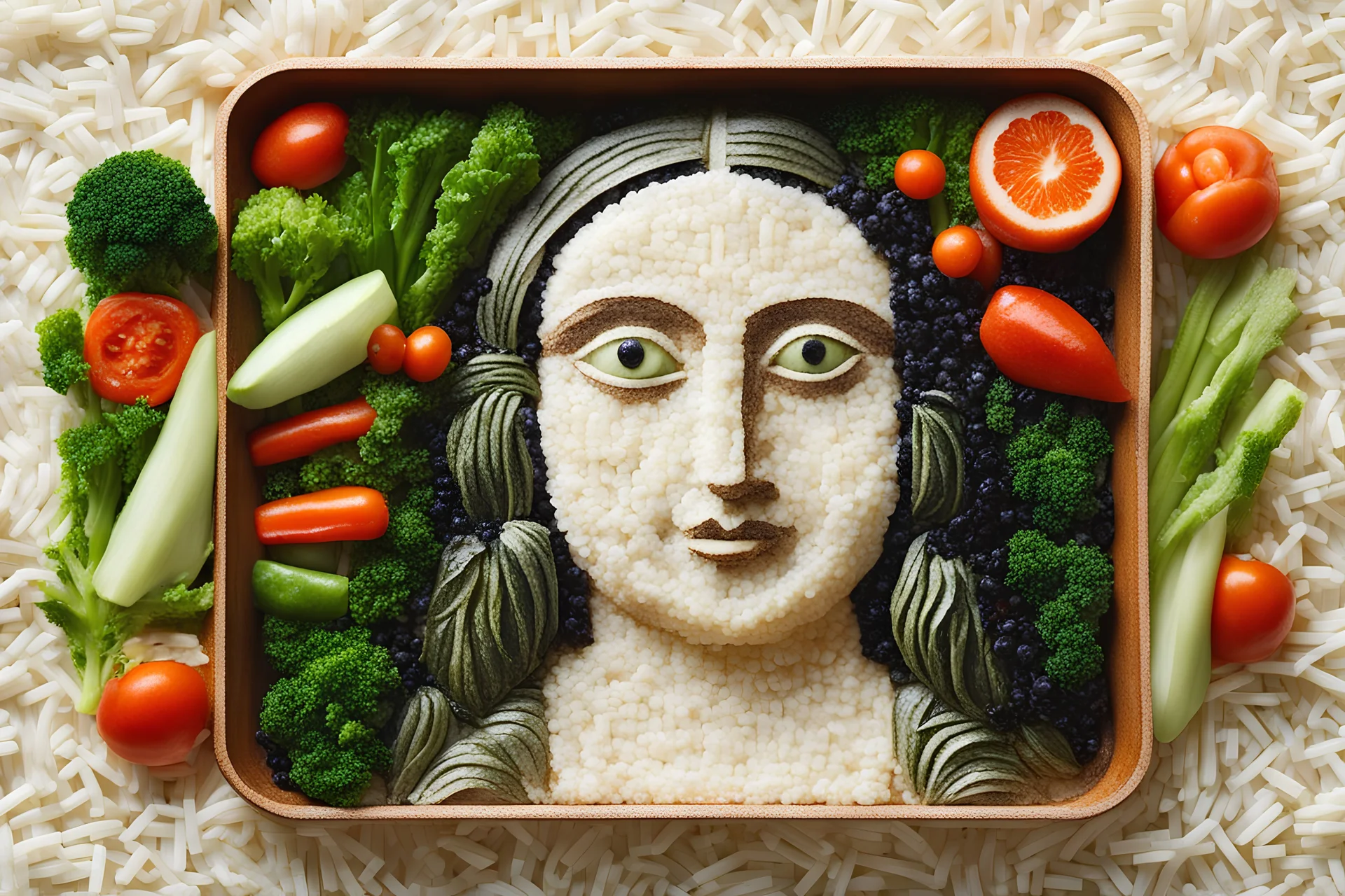 Bento Box Art, mona lisa, made from veg on a rice background
