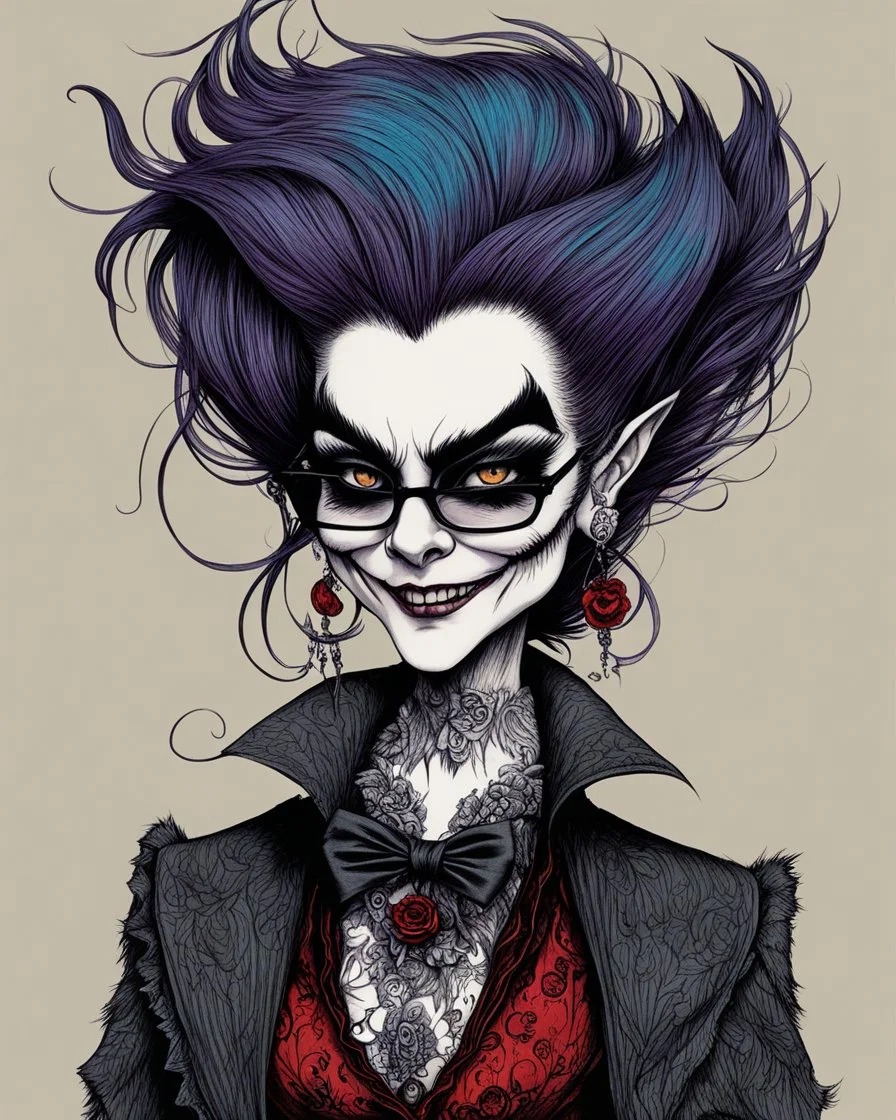 Maurice Sendak, Edward Gorey, and Ralph Steadman style, close up, full body, caricature portrait illustration, of a gothpunk vampire girl, with highly detailed hair and facial features, precisely drawn and inked in vibrant chromatic color