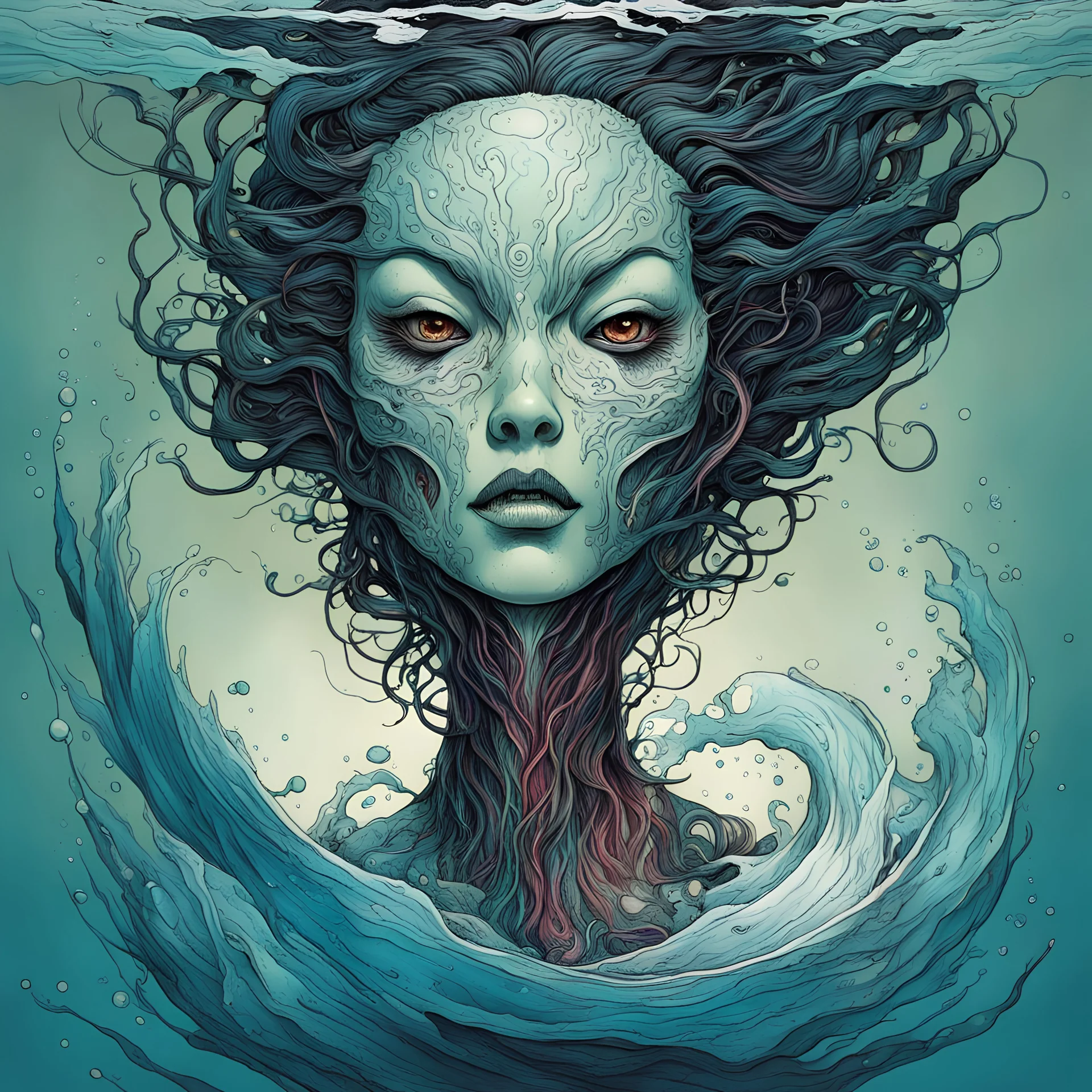 front facing full body illustration of a disembodied, malevolent shape shifting female Funayurei water ghost with highly detailed facial features and skin textures, in the style of Alex Pardee , Jean Giraud Moebius, and Katsushika Hokusai, highly detailed, boldly inked, deep murky aquatic color