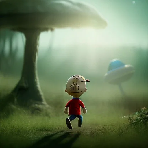 Charlie brown running away from an alien spaceship