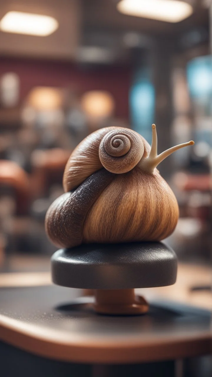 portrait of man snail with rocker hair chilling at the barber shop,bokeh like f/0.8, tilt-shift lens 8k, high detail, smooth render, down-light, unreal engine, prize winning