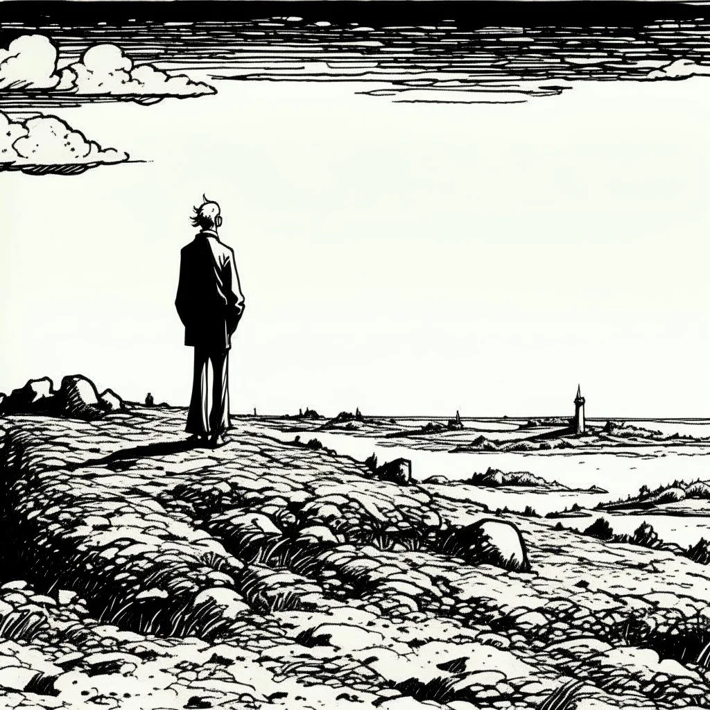 a alone man. pen and ink, birds eye view, illustrated by hergé, Background space and earth