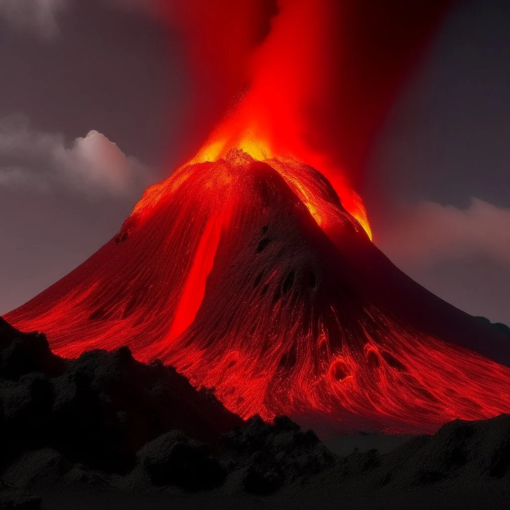 A dark orangish red volcano with spewing fire designed in Maori sculptures