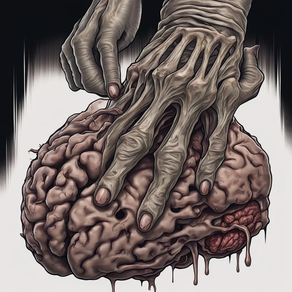 rotten zombie hand puncturing human brains, holding and gripping with tendons visible detailed