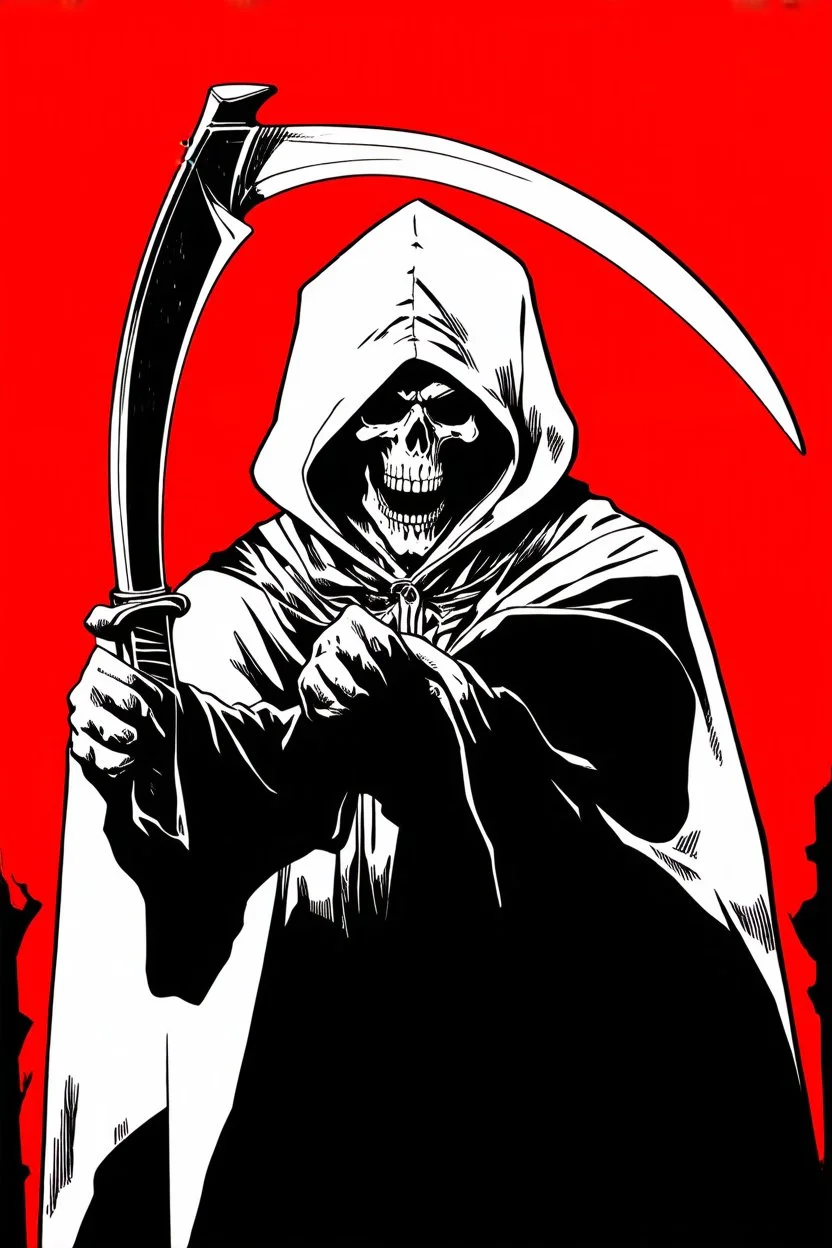hooded Grim-Reaper gripping scythe(upward), vignette, black and white graphic novel style with a red outline, and black background,