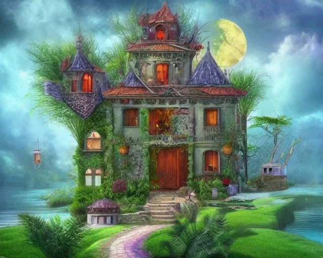 mystical house on a hot tropical island, fantasy art, surreal art,