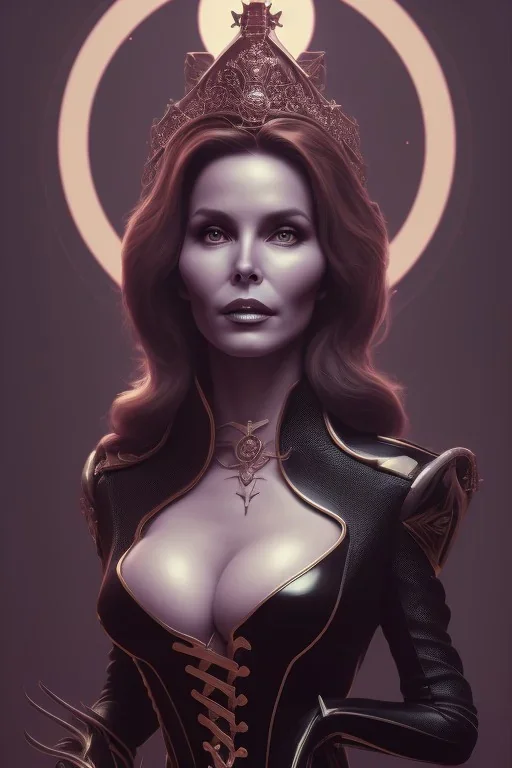 Jaclyn Smith as evil queen in black leather, busty, cleavage, dominatrix, curvy, angry, stern look. character design by cory loftis, fenghua zhong, ryohei hase, ismail inceoglu and ruan jia. unreal engine 5, artistic lighting, highly detailed, photorealistic, fantasy