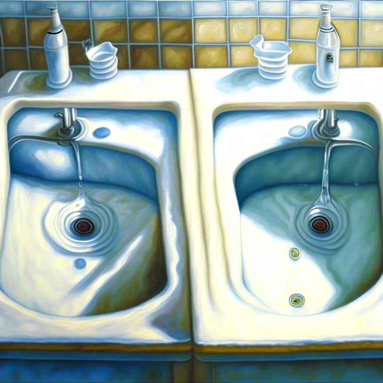 two white sinks, in one of them water is turning right and in the other lef, art, oil drawing, bright,