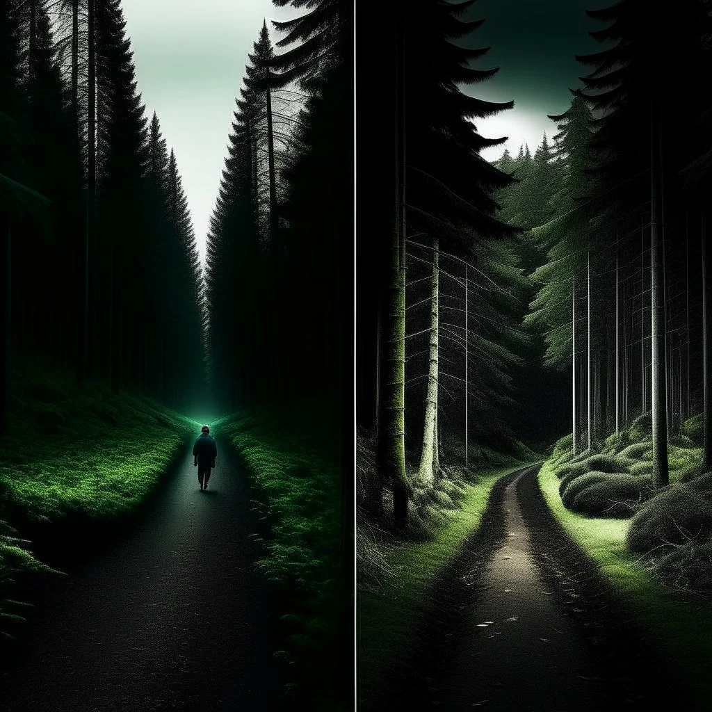 left side of the picture shows a dark metropole, right sight of the picture showsa beautiful forest, in the middle there's a road leading from the city to the forest, a lonely figure walking on it