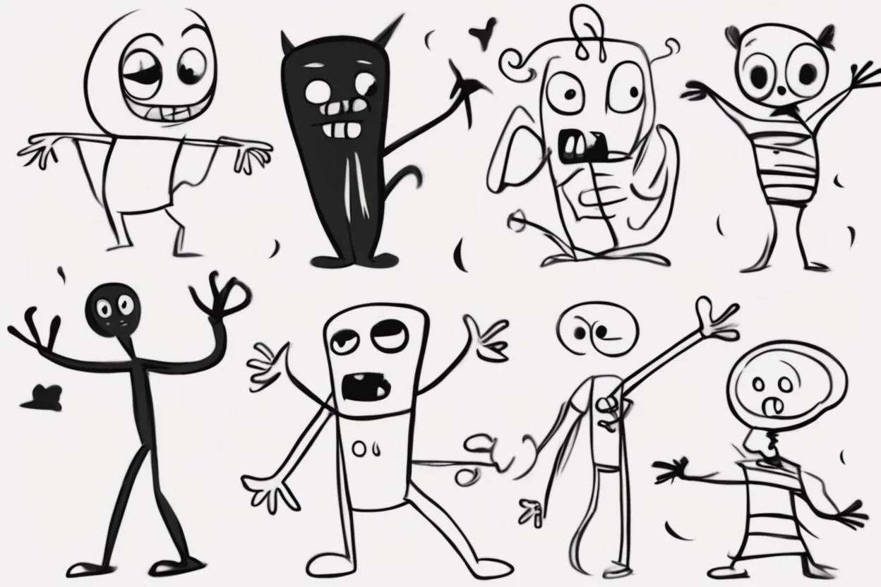 make a bunch of simple hand-drawn spooky and cute cartoon characters with bodies arms, and legs I could draw and make them all different make them looks like the 50s and 60s cartoon art