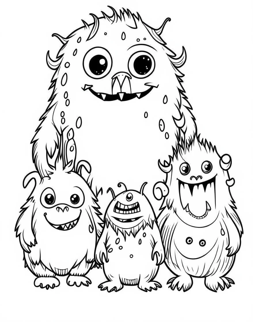 adorable creepy mosters, line art, background, vector, svg, black outline on white background, leave plenty of white space beetween lines for coloring,full body, minimalist