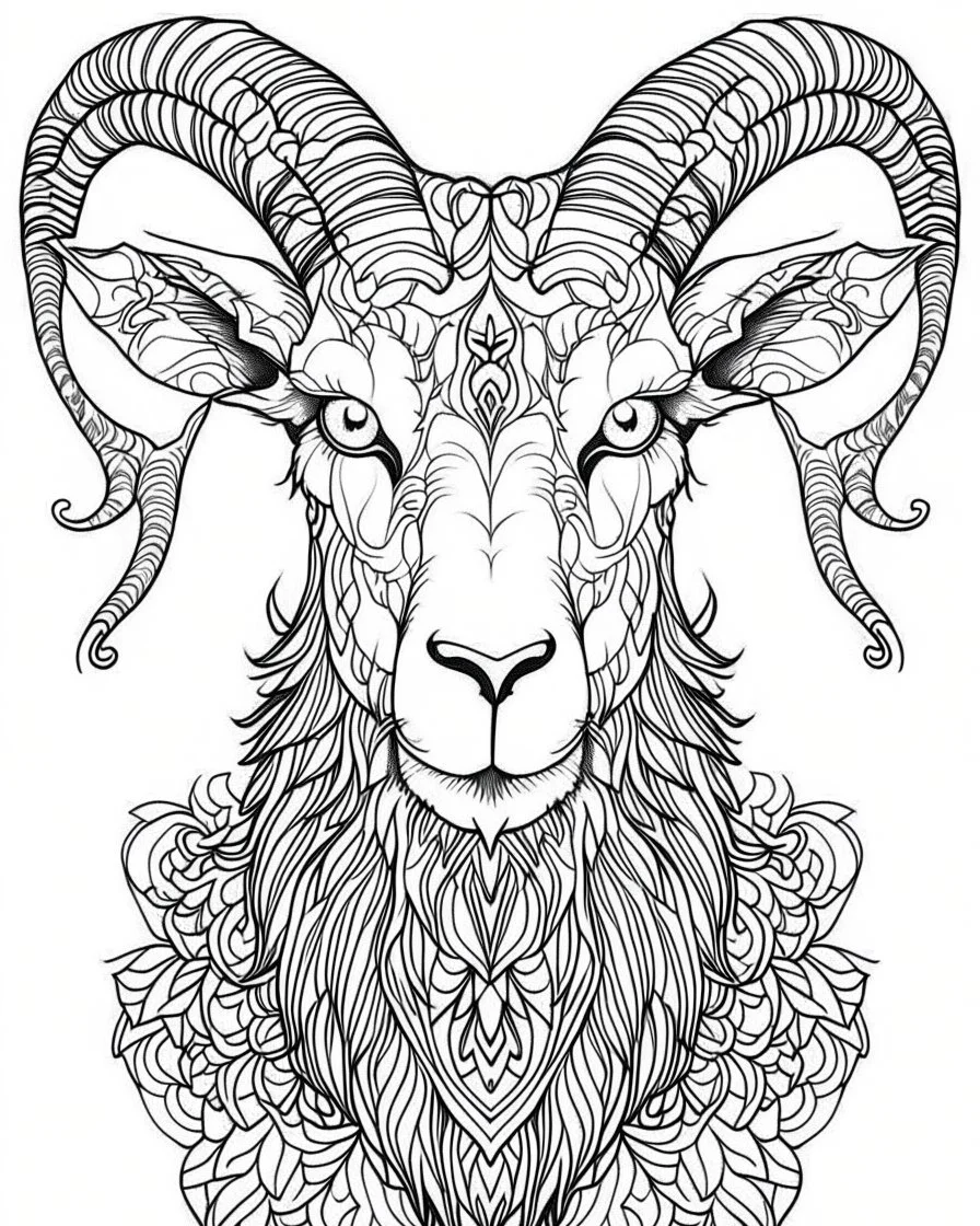 satanist goat tattoo, coloring book page, clean line art, adults drawing book, Black and white only, crisp black lines, sharp lines, coloring page for adults, black and white picture, lots of details, tattoo style,tattoo ideas, full body, without shadows and colors