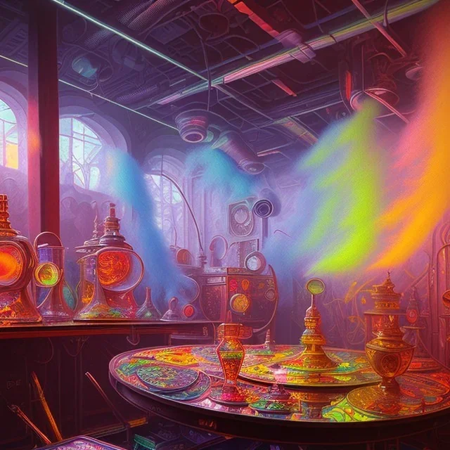 inside factory of colors. smoke rises from multi-colored glassware. color swatches in the background. hyperdetailed, warm colors, detailed painting, photorelistic, oil on canvas, light dust, futuristic. volumetric lighting