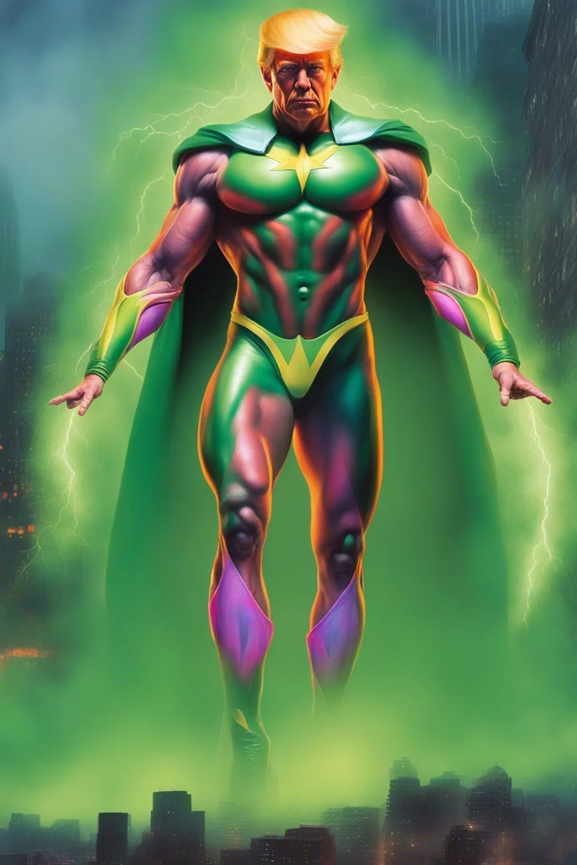 Extremely Muscular, Donald Trump as 'Maga Man,' the greatest superhero in history, Extremely Muscular, overly exaggerated muscles, Skintight, formfitting bodysuit, cape, boots, Multicolored vortex, multicolored lightning, neon lit futuristic cityscape, mist, fog, speed, extremely overexaggerated musculature, "MAGA MAN"