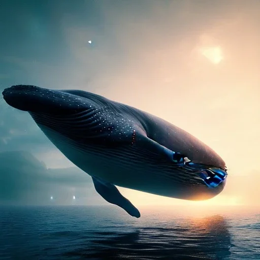 Whale in the sky, high key lighting, volumetric light high details, octane render, redshift render, mbient lighting, sunset