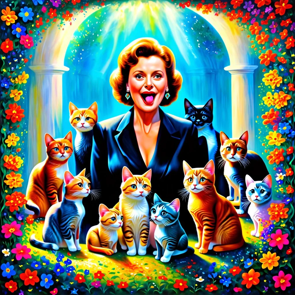 A mesmerizing fantasy scene features a French actor, Hélène Rollès, surrounded by a plethora of cats, all displaying delighted expressions. Surrounding the actor are peculiar, brightly colored flowers, which add a sense of whimsy and intrigue to the composition. Employing chiaroscuro and intense colors, the artwork boasts a colorful, vibrant background that enhances the depth of color throughout the piece. Exquisite details and perfect composition are evident, while natural lighting adds to the