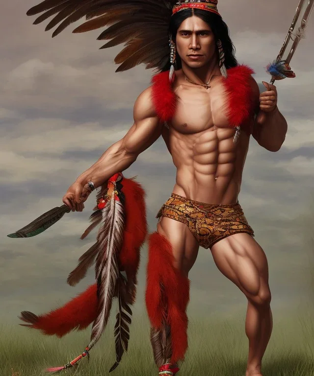 Guaicaipuro, native american god warrior, long black hair, big muscles, red feathers headdress, shirtless, holding a stone tip spear