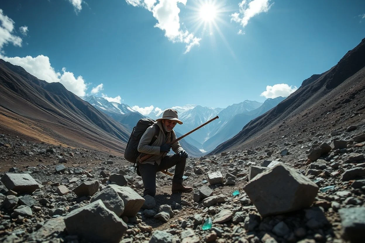 a dramatic image of a gem explorer in rugged terrain—such as a miner in Afghanistan’s Panjshir Valley, a Tanzanian artisan digging for spinel, or a Colombian emerald hunter—to visually anchor your article and highlight the adventure behind these investments.