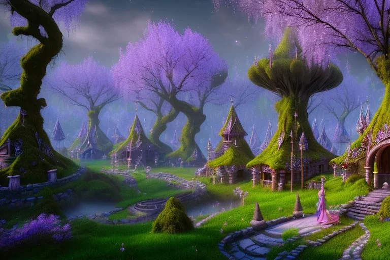 Immersive​ fantasy elven town city in the deep forest with ancient elder tree beautiful blossom nature river 4k full hd