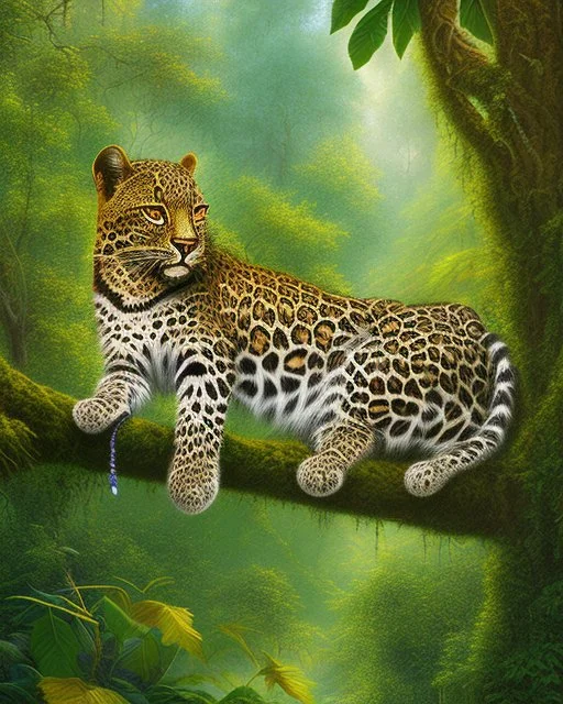 Leopardo en la Selva cuerpo completo árboles detallados elegante obra de arte colores contrastantes pintura al óleo detallada hiperdetallada impactante intrincada sombra 3D arte gráfica iluminación cinematografica 8k 3D cielo soleado nubes coherente