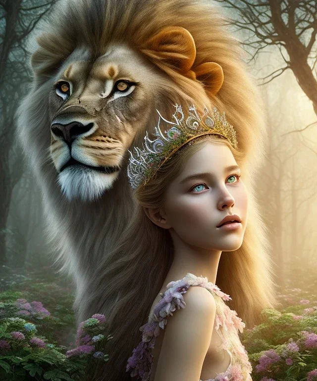 Young beautiful girl wearing floral crown with a majestic, stunning lion on nature forest path, Chronicles of Narnia, 8k resolution, high-quality, fine-detail, iridescent, intricate, digital art, detailed matte, volumetric lighting, beautiful, illustration, 3D octane render, brian froud, howard lyon, selina french, anna dittmann, annie stokes, lisa parker, greg rutowski,