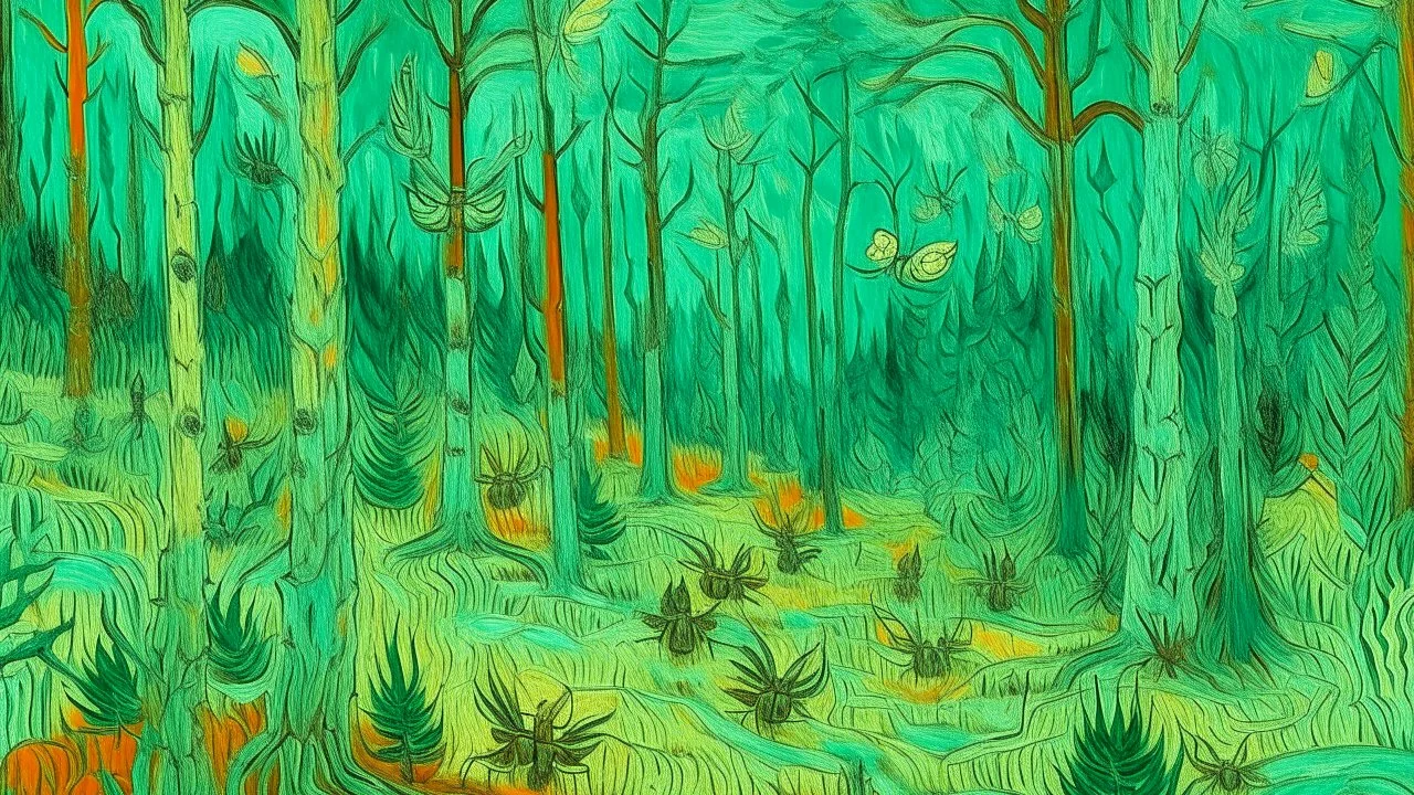 A mint colored forest with insects painted by Vincent van Gogh