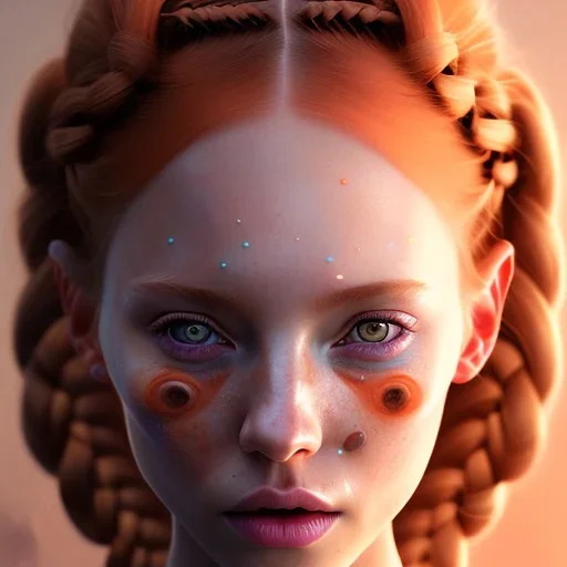 Clothless girl, cute, beautiful, orange hair, two braids, wild bangs, blue eyes, big eyes, freckles, long eyelashes, pink lipstick, thin lips, small nose, Gillian from Practical Magic, 8k resolution concept art portrait by Greg Rutkowski