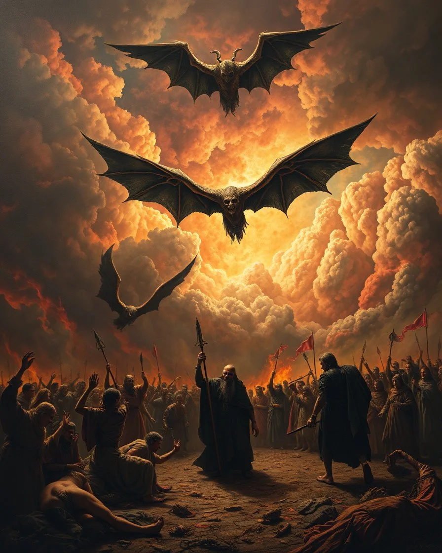 Bosch painting style, nightmare , people suffering in hell , dramatic, great quality picture with cinematic scenes , show only heavy clouds and evil with wings hovering the sky in the background