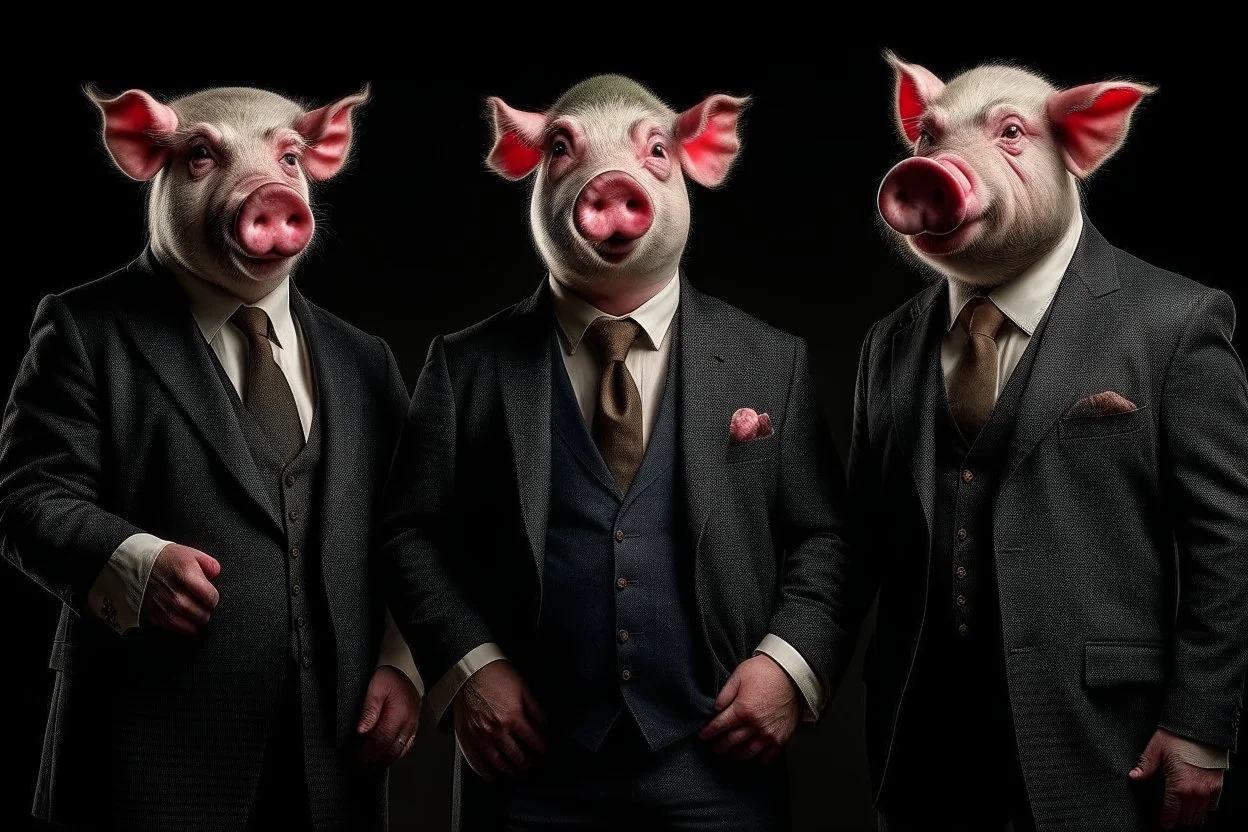 three human like pigs dressed in suits