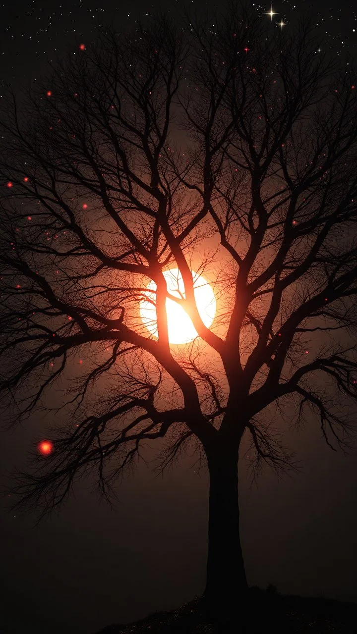 surreal glowing in dark, widow trees , millions of stars. a peach flowing anime style sun view through a tree in double exposure