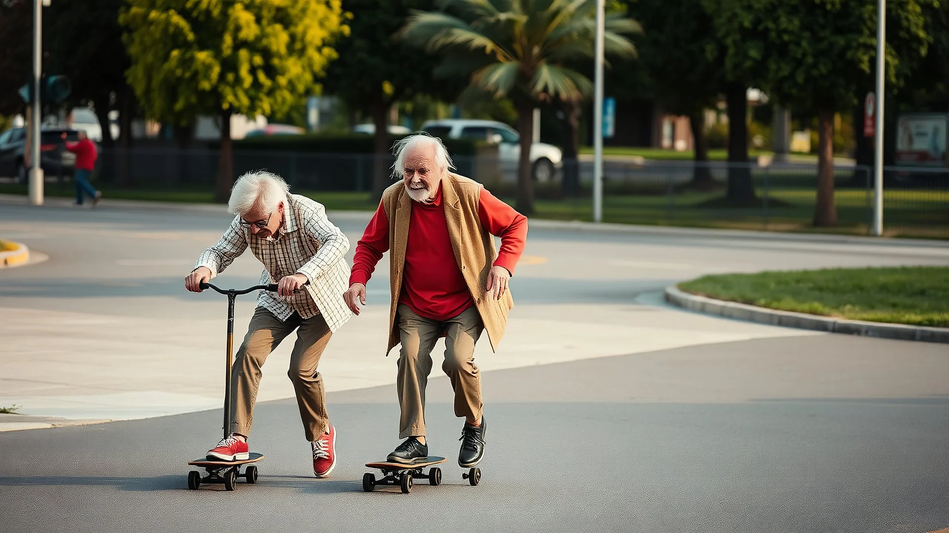 Elderly pensioners on skateboards. Photographic quality and detail, award-winning image, beautiful composition.