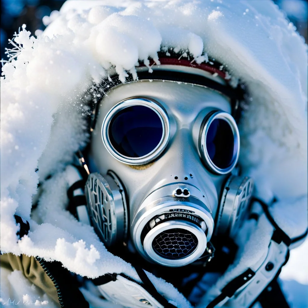 close up documentary photography, Yeti In a Respirator, Extreme depth of field, bokeh blur, winter, blizzard, Alberta, all-natural, in the style of candid, imperfection, natural lighting, light-focused, amateur shot, shot on Agfa, taken with Hasselblad --ar 4:5 --w 150 --style raw